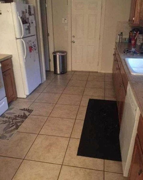 This kitchen is where the big dog is hiding. Can you find it?