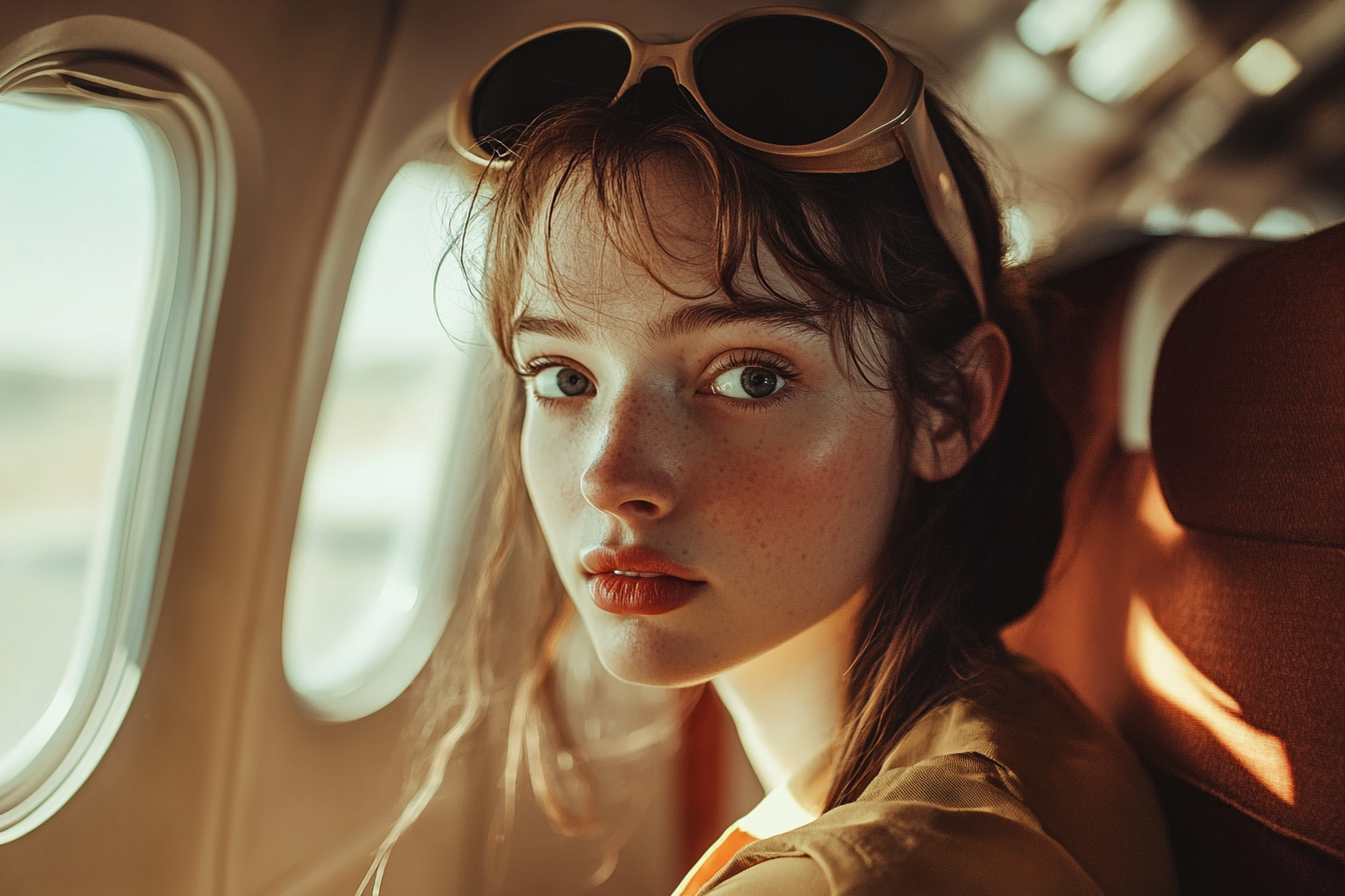 A young woman in an airplane | Source: Midjourney