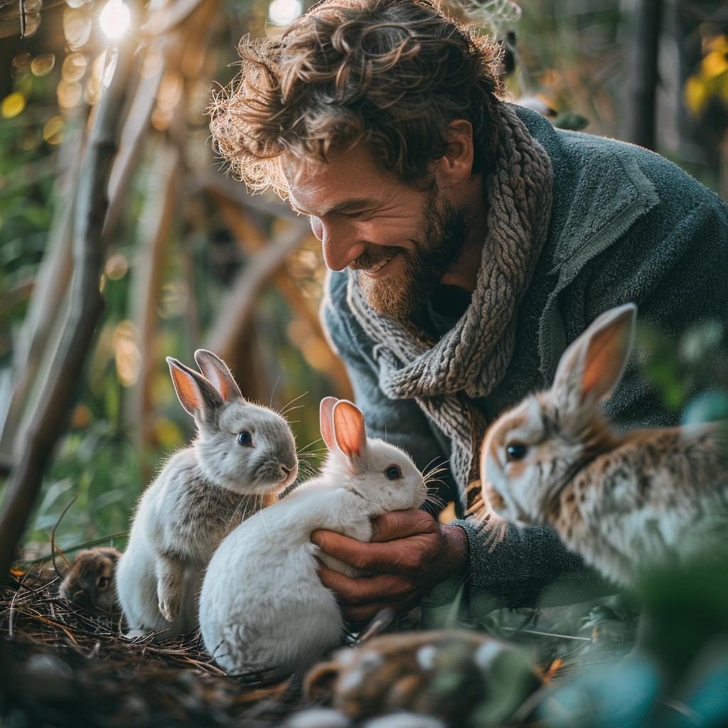 A man playing with rabbits | Source: Midjourney