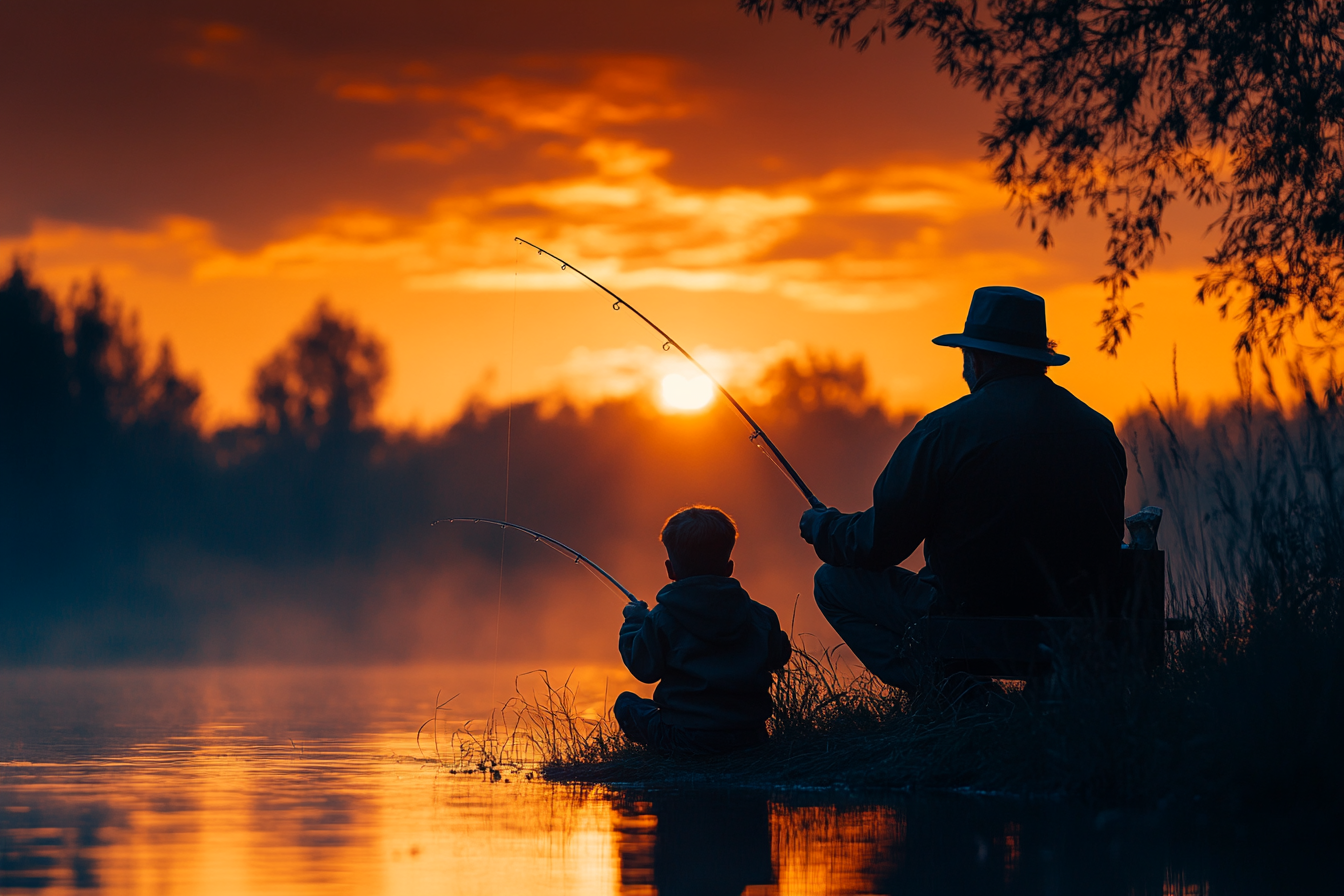 A silhouette of a little boy fishing with his Grandpa near a lake | Source: Midjourney